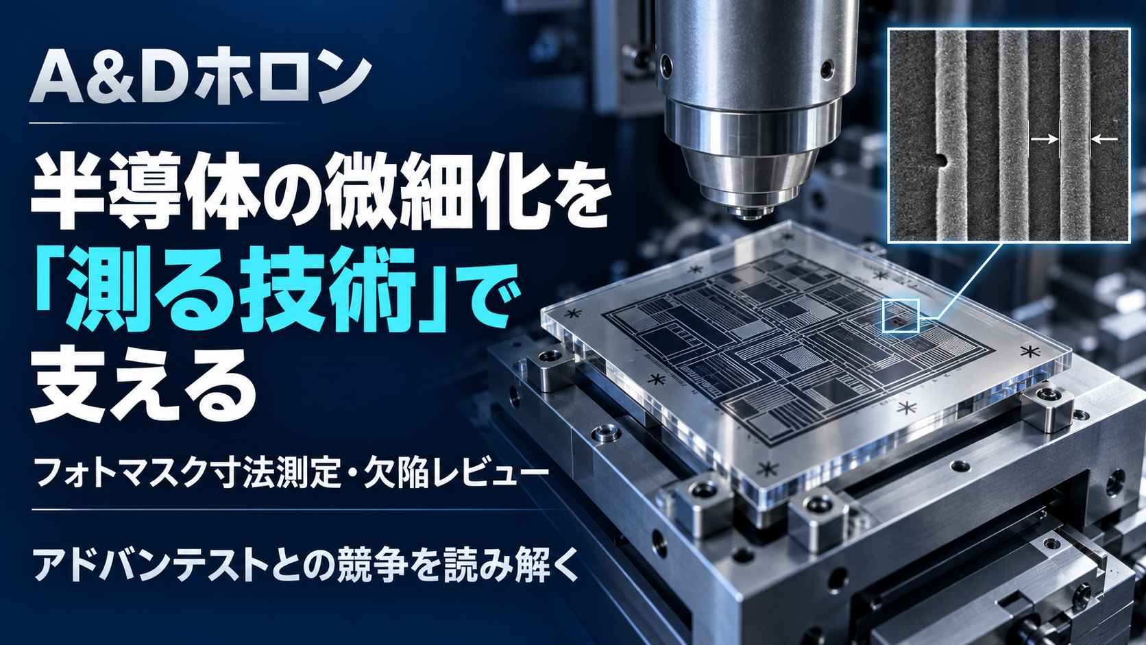 フォトマスクと微細パターンの拡大図で、「測る技術」を表現